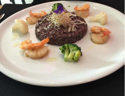 Black Rice and Truffles, Scallops, and Prawns 