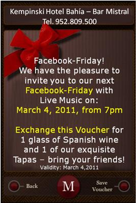 Print this voucher and exchange it for a glass of spanish wine and a tapa at the Kempinski Hotel Bahia Bar Mistral on March 4!