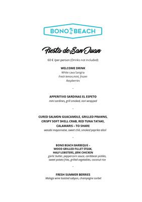 BBQ Menu for San Juan Fiesta at Bono Beach Marbella