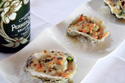 The Oyster Gratin with Sherry Wine Sauteed Vegetables - try it with a Glass of Champagne!