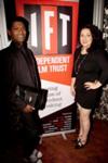 Emmanuel Ray and Paola Berta at Independent Film Trust party. Photo by Karyn Louise.        Emmanuel Ray wears outfit by A. Hallucination. Bag by ARANGUIZ. Shoes by Jara Stoop.  
